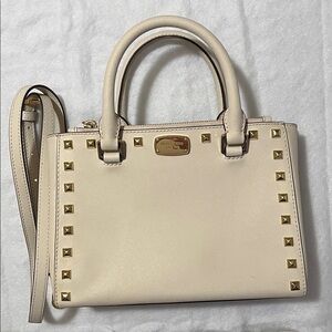 Michael Kors Keenan Studded Ecru Cream SMALL Leather Satchel Gold Studs